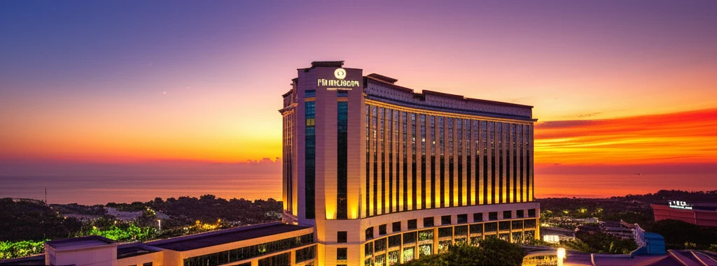 코타키나발루 르 메르디앙 호텔의 외부 전경과 야자수가 어우러진 모습