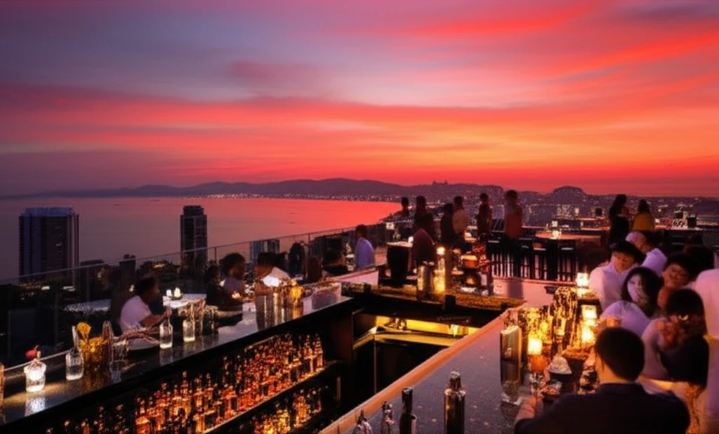 호텔의 풀사이드 바에서 음료를 즐기는 사람들