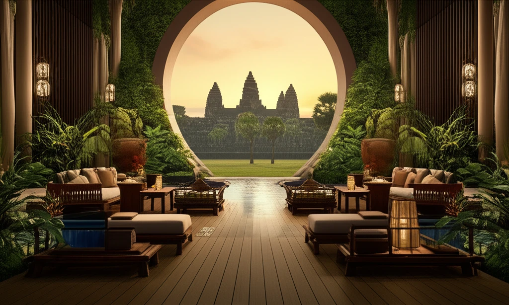 앙코르와트 파크 하얏트에서 바라본 아름다운 일몰 또는 평화로운 정원 풍경